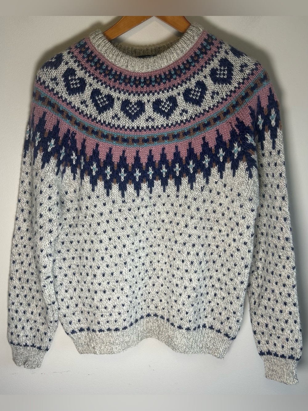 Vintage 90s Woolrich Fair Isle Nordic Heart Yoke Wool Sweater Womens Size L Gray